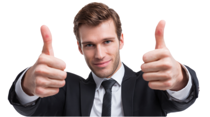 A confident businessman in a suit giving a thumbs up. He exudes positivity and success, perfect for corporate themes, team motivation, and professional achievement.