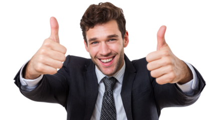 A cheerful businessman gives a thumbs up, exuding positivity and confidence. Perfect for themes of success, motivation, and professionalism in corporate settings.