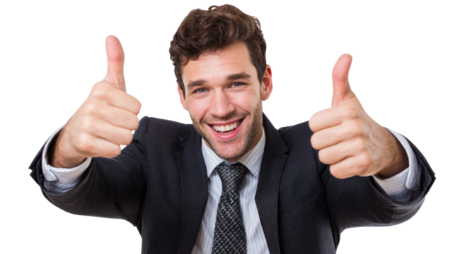 A cheerful businessman gives a thumbs up, exuding positivity and confidence. Perfect for themes of success, motivation, and professionalism in corporate settings. - Powered by Adobe