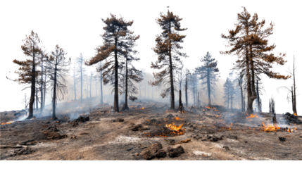 A dramatic scene of burnt trees and scorched earth after a wildfire, showcasing the devastating impact of forest fires on the environment.