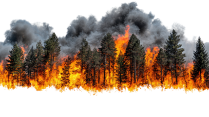 Forest fire with vivid flames and thick smoke engulfing evergreen trees. A striking visual representation of the destructive power of nature and climate change effects.