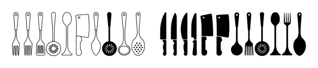 Collection of Kitchen Utensils and Knives: Icons for Cooking and Food Preparation