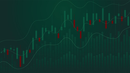 Naklejka premium Dark trading chart background featuring green and red candlestick bars with financial growth lines, ideal for finance, stock market, cryptocurrency, business and trading projects
