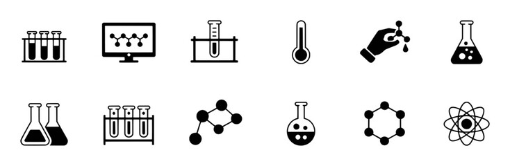 Collection of Science and Chemistry Icons: Test Tubes, Molecules, and Atoms