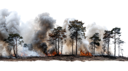 Forest fire with thick smoke rising among trees, creating a dramatic scene of natural disaster and environmental impact, isolated on a white background.