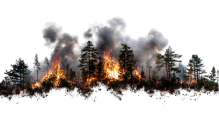 A dramatic scene of wildfires engulfing a forest with towering flames and thick smoke rising, illustrating the power and danger of natural disasters.