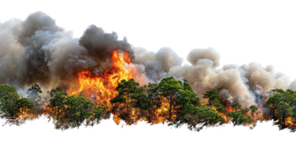 A raging wildfire engulfs a dense forest, with bright flames and thick smoke billowing into the sky, highlighting the devastating impact of forest fires on ecosystems.