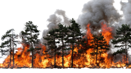 Forest fire consuming trees with flames and smoke, demonstrating the destructive power of wildfires in natural landscapes.