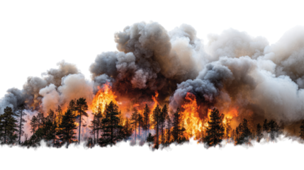 A dramatic scene of a forest fire showcasing intense flames and dense smoke rising from a tree line, highlighting the impact of wildfires on nature and the environment.