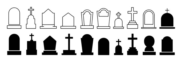 Collection of Tombstone and Cross Icons in Outline and Silhouette Styles
