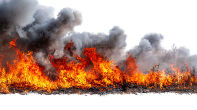 A vivid representation of fire with bright flames and dark smoke creating a dramatic visual. Perfect for illustrating environmental issues or disaster themes.