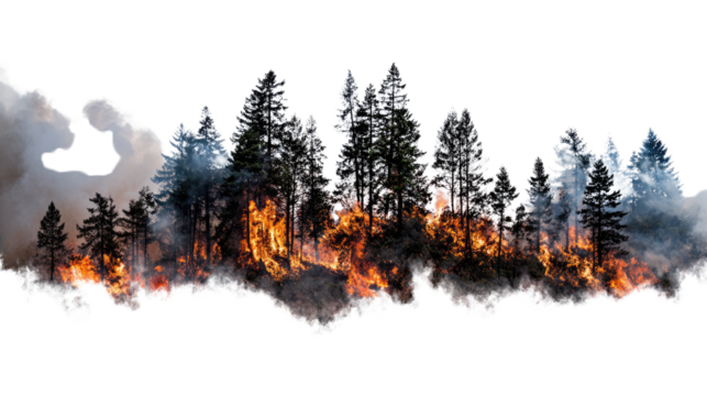 A dramatic scene of a forest engulfed in flames, capturing the intensity of wildfire with dark smoke billowing amidst tall trees on a stark contrast background.
