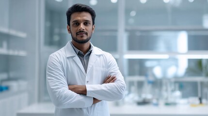 Portrait of confident Indian scientist in white lab coat with arms crossed in bright laboratory setting. Young male pharmacist standing and looks into the camera in modern blurred clinic background.