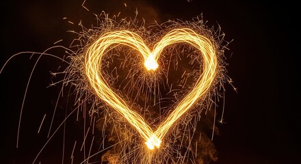 Glowing Heart Sparkler: Romantic Light Trails Against Black Background.