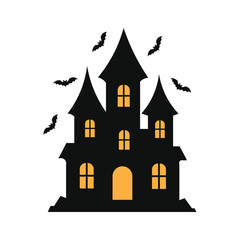 Spooky haunted house with bats silhouette for Halloween design, decoration, party invitations, posters, or digital art