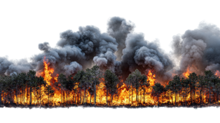 A dramatic scene of a forest fire, showcasing fierce flames and thick smoke rising among tall trees, highlighting the urgency of climate change and environmental issues.