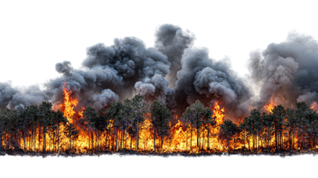 A dramatic scene of a forest fire, showcasing fierce flames and thick smoke rising among tall trees, highlighting the urgency of climate change and environmental issues.