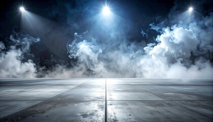 Bright spotlight shining onto tiled floor through dense fog, with reflections and dramatic contrast against dark background.