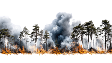 Forest fire with thick smoke billowing and flames consuming trees, creating a dramatic scene of destruction and environmental impact.