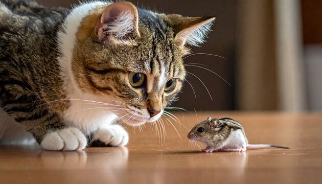Ginger tabby cat crouched and staring intently at small gray mouse on wooden surface, with blurred background and tense interaction. - Powered by Adobe