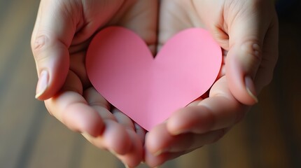 Fototapeta premium Hands Holding Pink Paper Heart Symbolizing Love and Compassion 