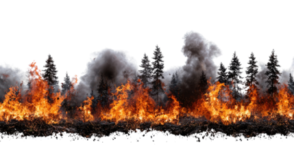 A dramatic scene depicting a wildfire raging through a forest, with bright flames and thick smoke rising, highlighting the destructive power of nature.
