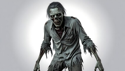 Fototapeta premium Creepy Zombie Figure with Tattered Clothes and Distorted Face for Horror