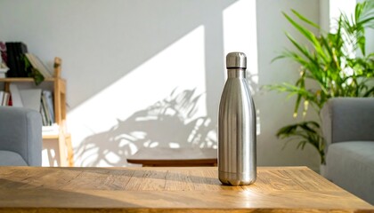 Stainless steel water bottle on wooden table in bright room