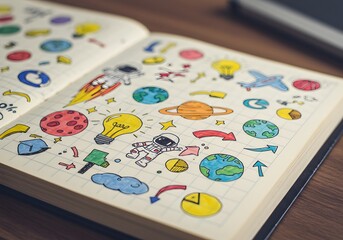Creative brainstorming in open notebook with colorful doodles of planets, stars, and ideas for innovative design and future planning