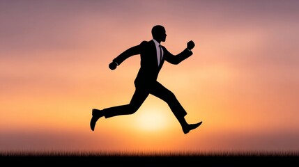 Businessman in suit jumping towards financial success at sunrise silhouette action shot in abstract landscape