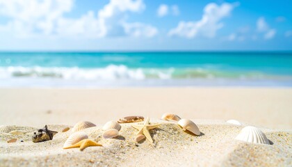 Starfish and Shells on Sandy Beach with Ocean Waves