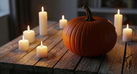 Warm autumn atmosphere with glowing candles and pumpkin centerpiece on rustic wooden table for fall decor