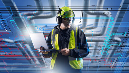 Engineering and industrial design, worker in safety gear with laptop analyzing technical pipeline...