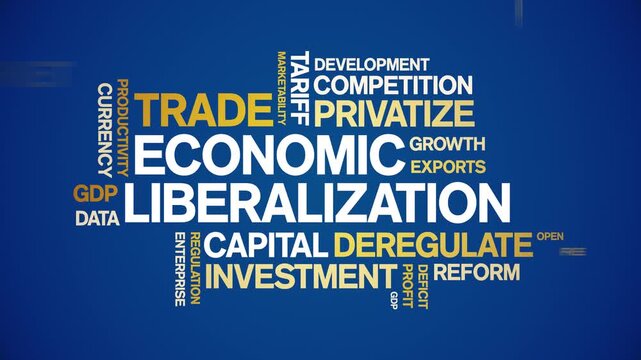 Economic Liberalization animated word cloud-text design animation tag kinetic typography seamless loop.