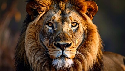Naklejka premium Close-up of lion with full mane, centered and gazing intensely at camera, set against blurred savannah background with warm sunrise lighting.