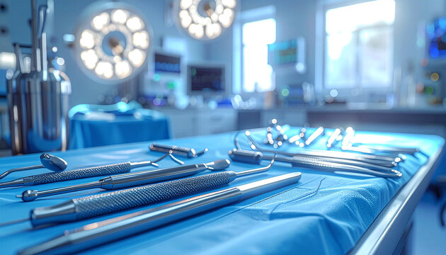 Surgical Tools on a Table: A collection of precisely arranged surgical tools lies on a pristine blue table in a modern, brightly lit operating room. - Powered by Adobe