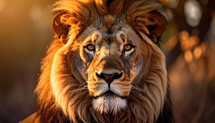 Fototapeta premium Close-up of lion with full mane, centered and gazing intensely at camera, set against blurred savannah background with warm sunrise lighting.