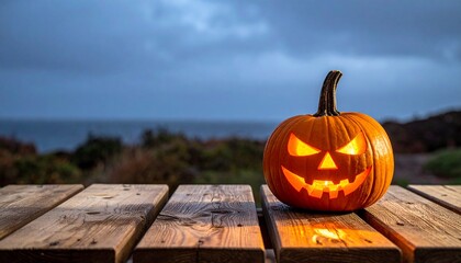 Glowing jack-o'-lantern with menacing face on wooden surface near beach, under overcast sky with dunes and distant water.