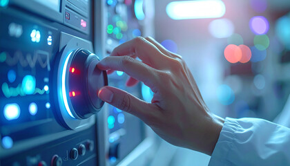 Precision and Control: A close-up shot of a scientist's hand interacting with high-tech equipment, highlighting the meticulous and expert handling of a device with digital displays.
