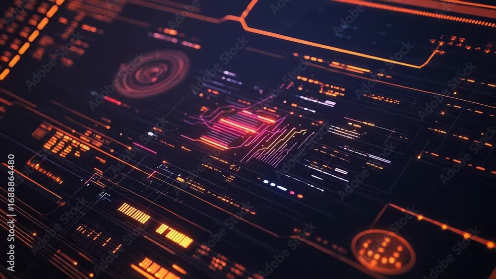 Poster futuristic head up display showing complex data analysis and processing information