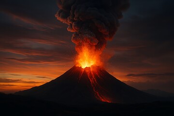 Fiery volcano erupting with molten lava flows and ash plume against dramatic sunset sky