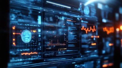 Futuristic interface displaying complex data and information with charts and graphs - Powered by Adobe