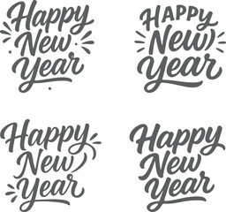 Happy New Year lettering typography set. Black and white festive calligraphy collection with fireworks and decorative text for greeting cards, banners, posters, invitations, vector illustration