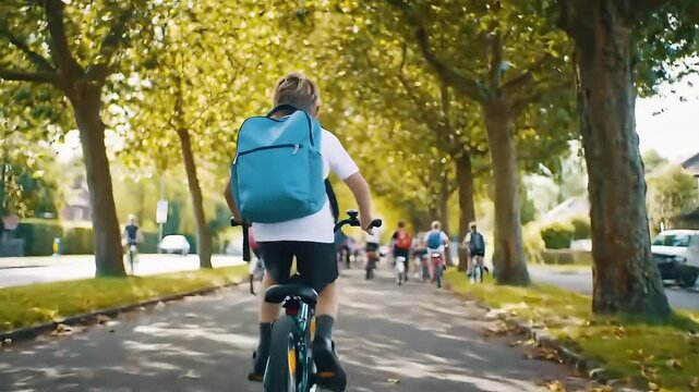 Young boy with blue backpack riding bicycle from behind on a tree-lined road