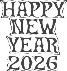 Happy New Year lettering typography. Black and white festive calligraphy collection with fireworks and decorative text for greeting cards, banners, posters, invitations, vector illustration