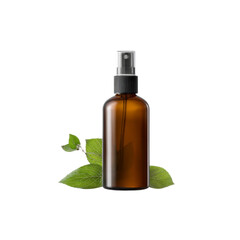 Amber Glass Spray Bottle with Green Leaves - Essential Oil or Natural Cosmetic Product Mockup