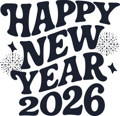 Happy New Year lettering typography. Black and white festive calligraphy collection with fireworks and decorative text for greeting cards, banners, posters, invitations, vector illustration