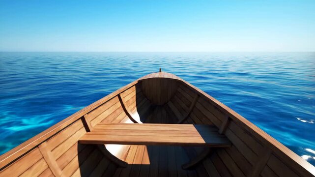 Boat travels the open sea on a sunny day with clear skies above.