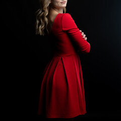 Elegant blonde woman posing in red dress on black background