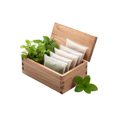 Wooden Box of Herbal Tea Bags with Fresh Herbs